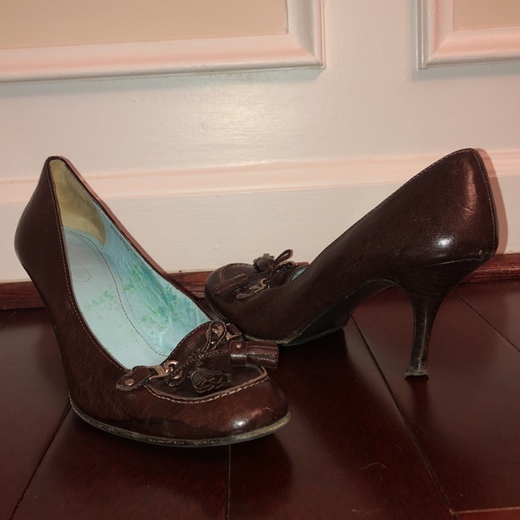 Coach Alma G heels brown leather loafer look tassels stacked heel pump - Picture 3 of 6